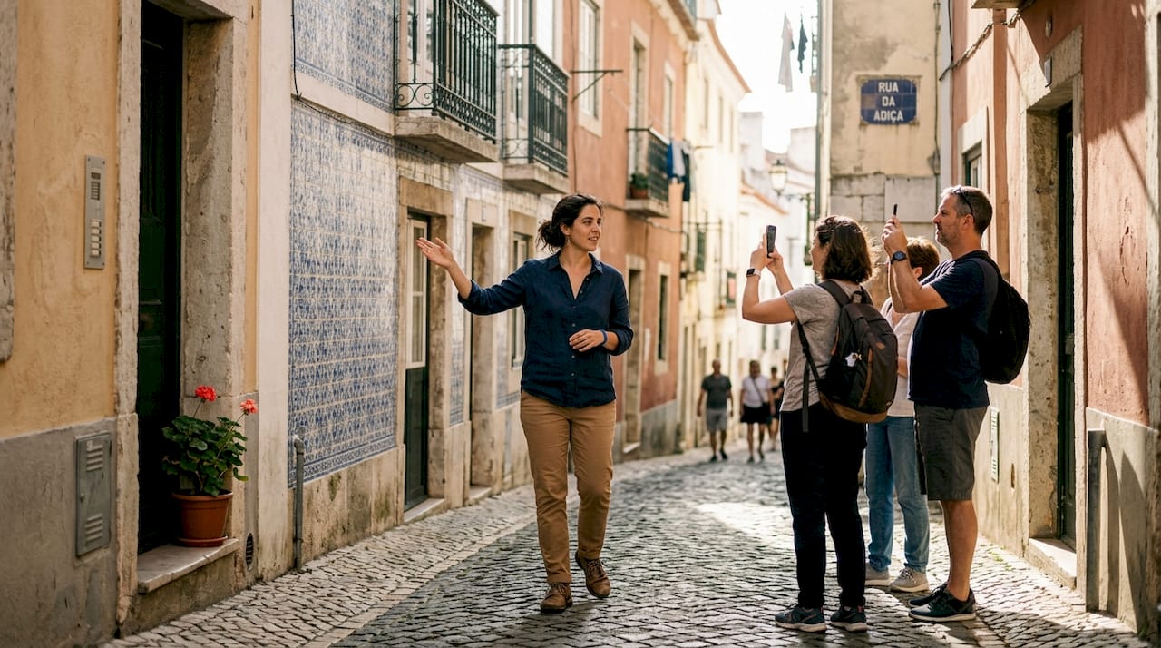 Local guide leads group through Alfama street