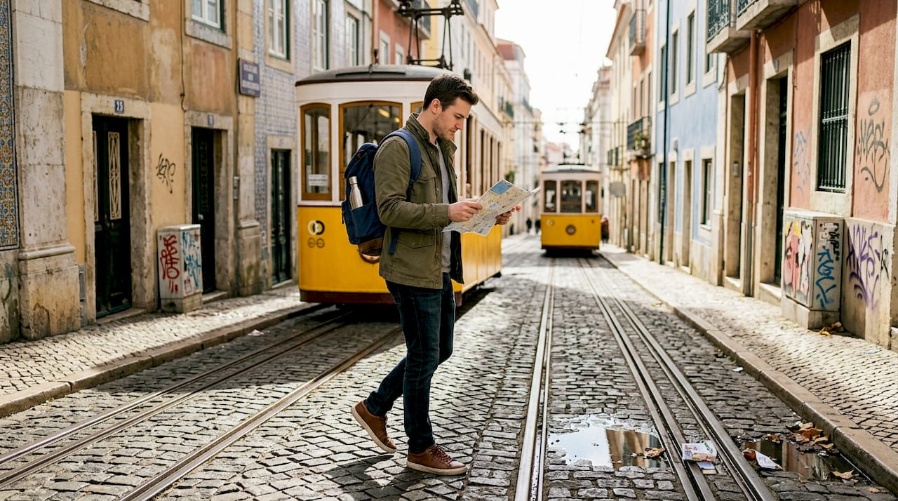 Tourist checking Lisbon map by yellow tram