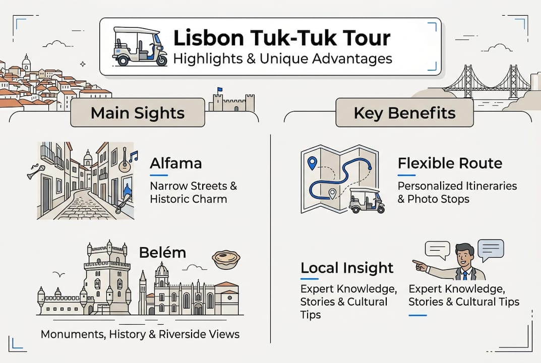 Infographic showing Lisbon tuk-tuk sights and benefits