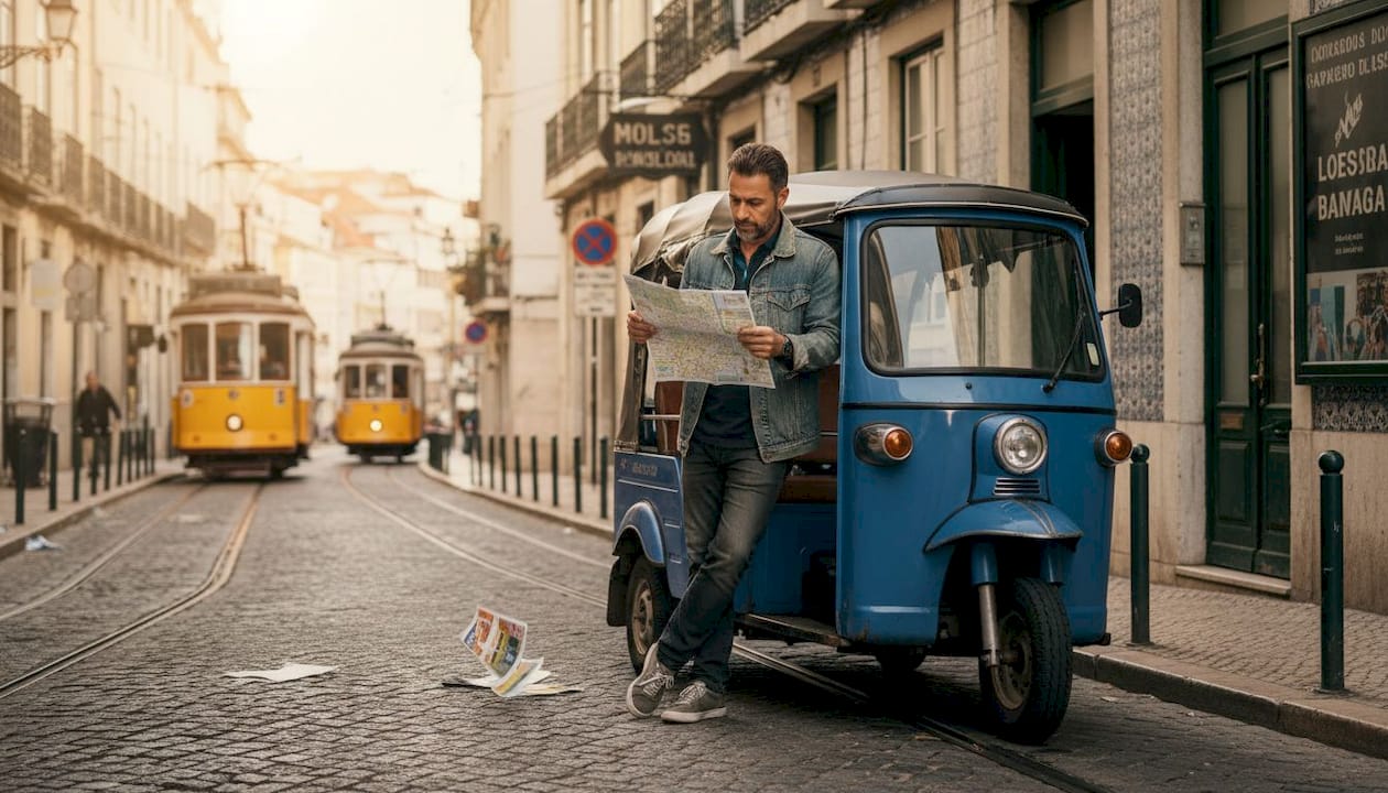 Lisbon tuk-tuk and driver on city street