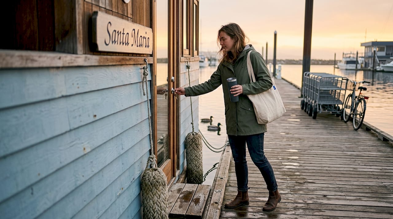 Guest entering floating hotel at Lisbon marina dock