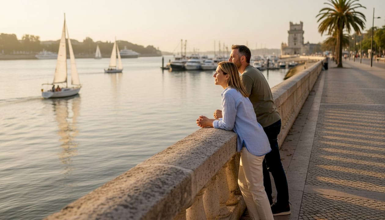 Couple overlooking Lisbon riverfront with marinas and sailboats