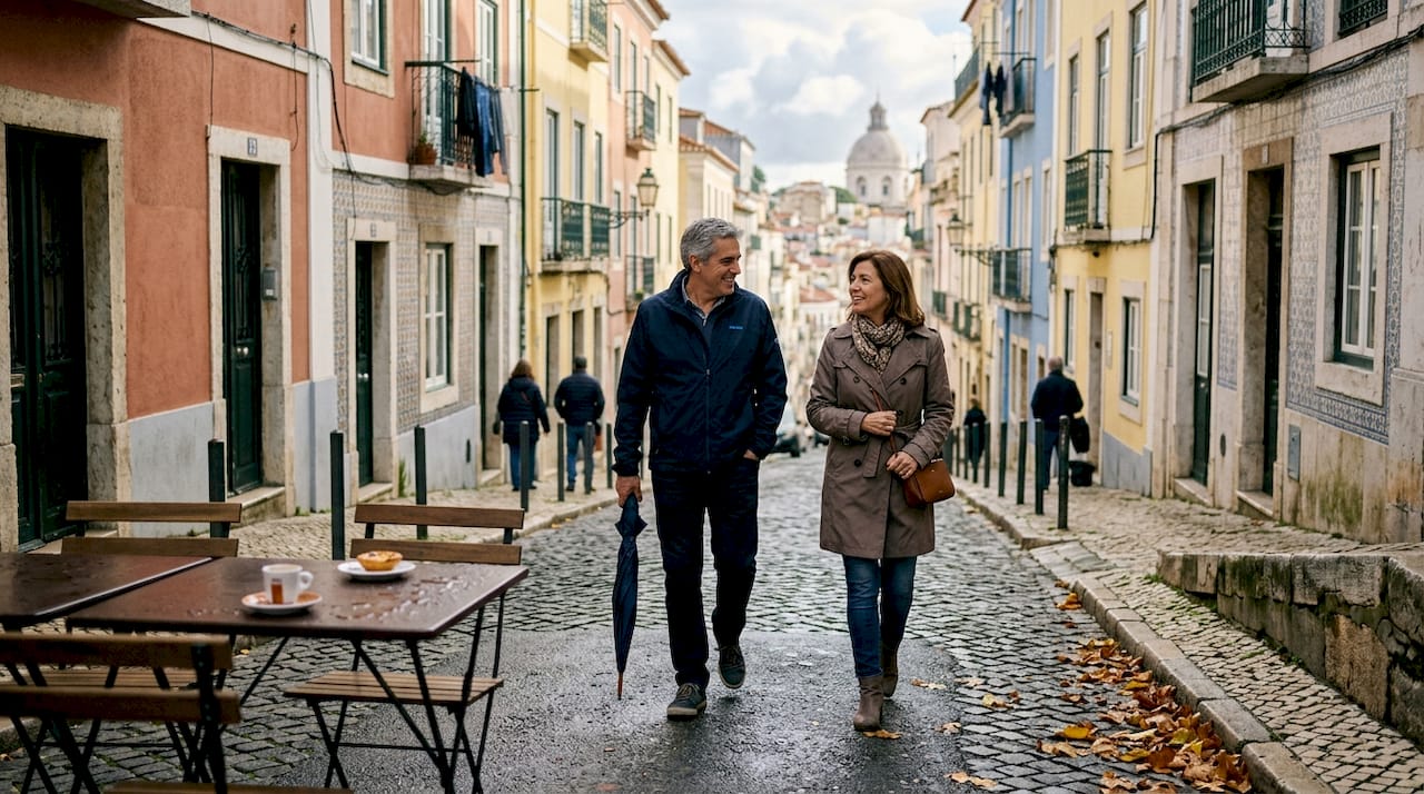 Couple walks Lisbon street in autumn weather