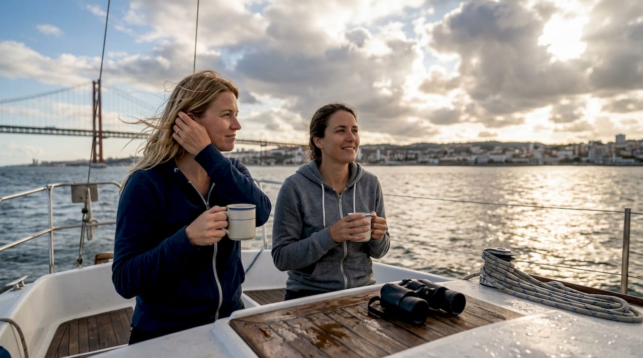 Friends sailing Tagus River in autumn breezes