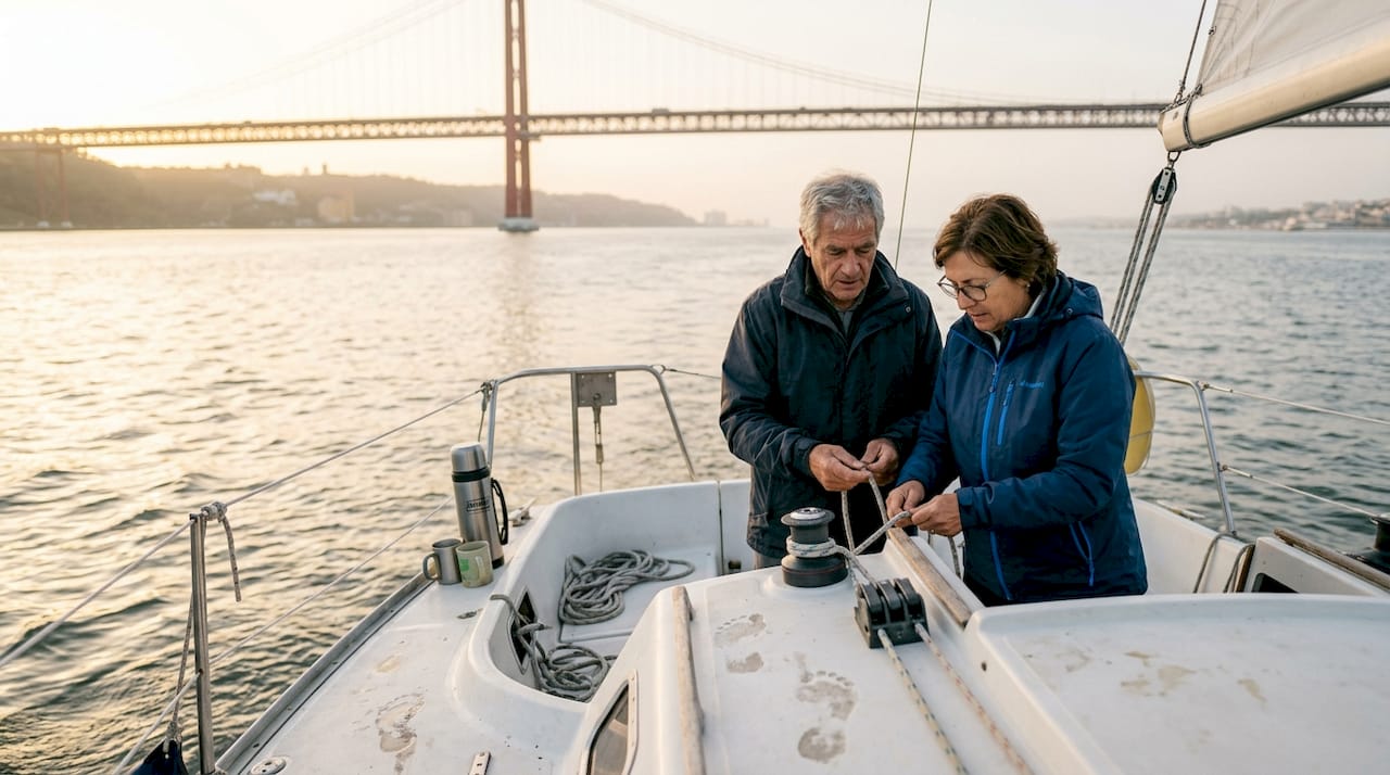 Couple sailing near Lisbon in winter sunlight