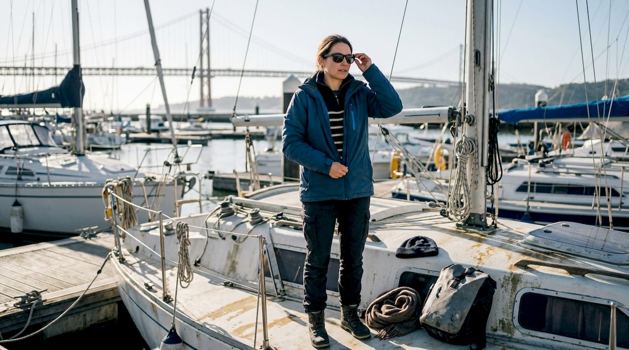 Sailor layering up for Lisbon winter sail