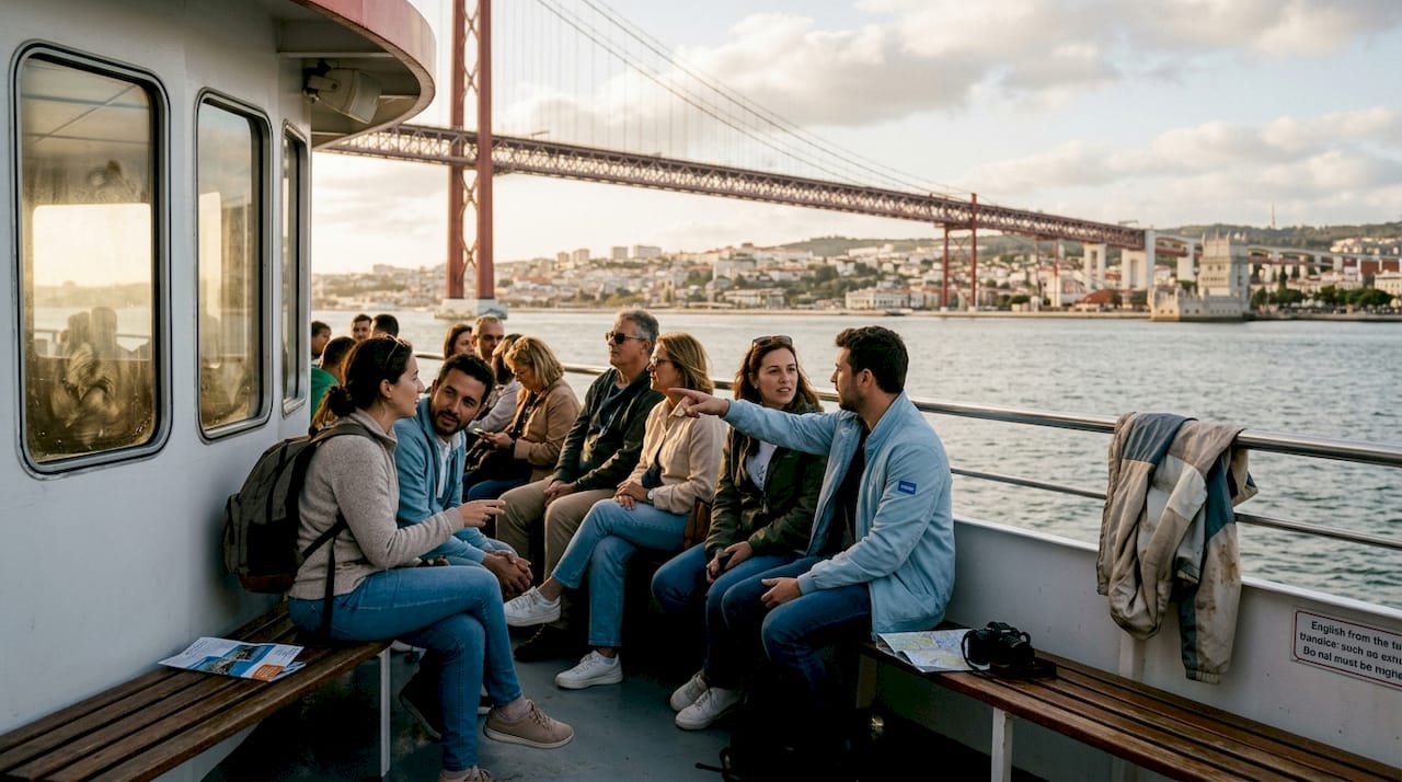 Tourists sightseeing from riverboat on Tagus River