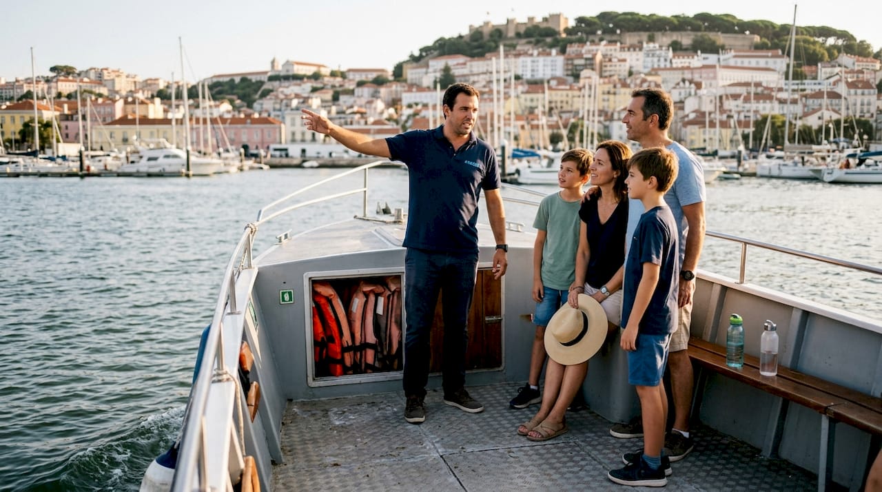 Guide explaining Lisbon landmarks during river tour