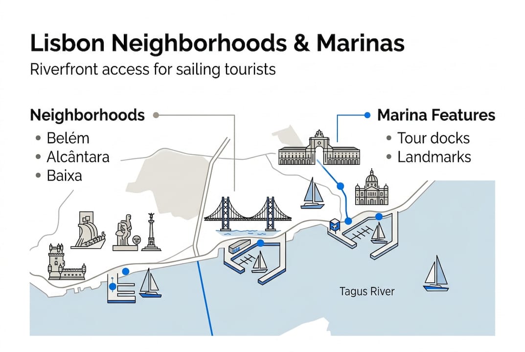 Infographic riverfront neighborhoods with sailing marinas
