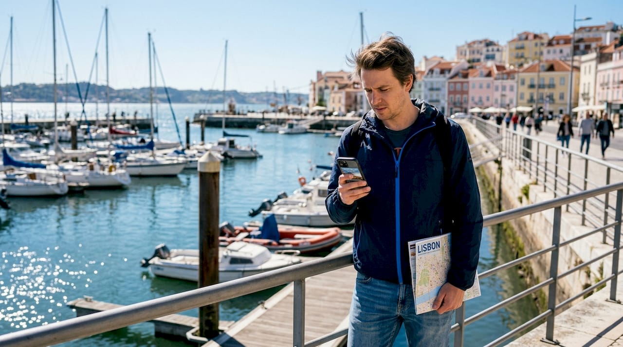 Tourist planning sailing tour by Lisbon marina