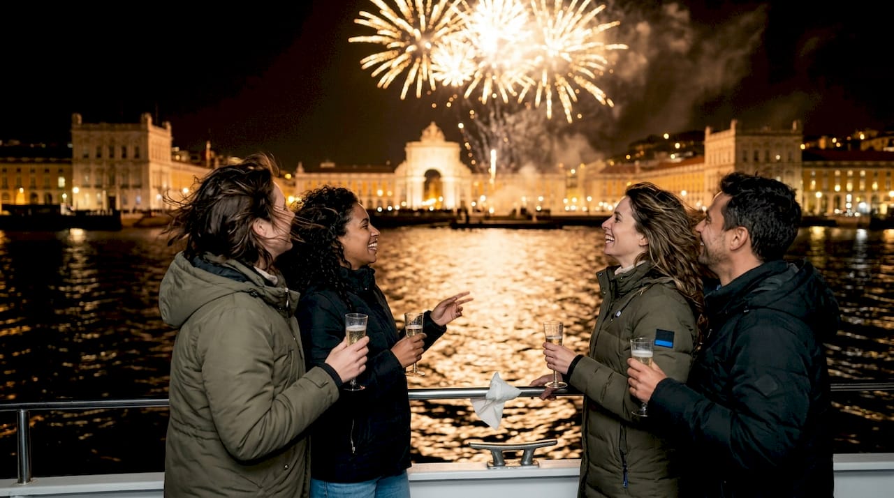 Friends watch Lisbon fireworks from Tagus boat