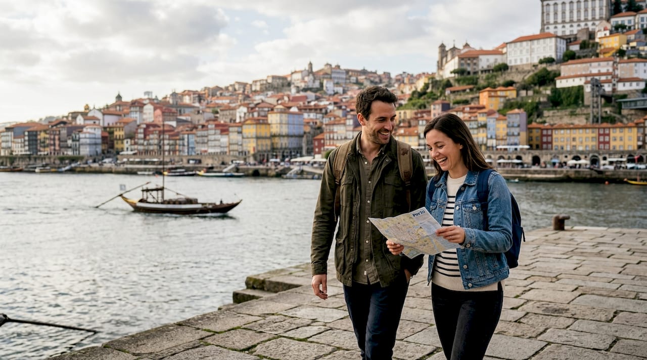 Travelers explore Porto riverside with boats and old city