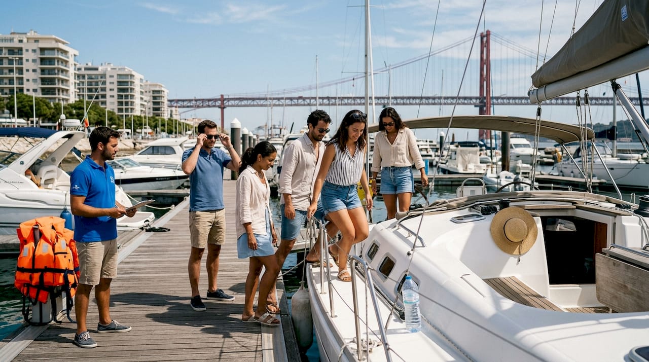Friends board sailing yacht in Lisbon marina
