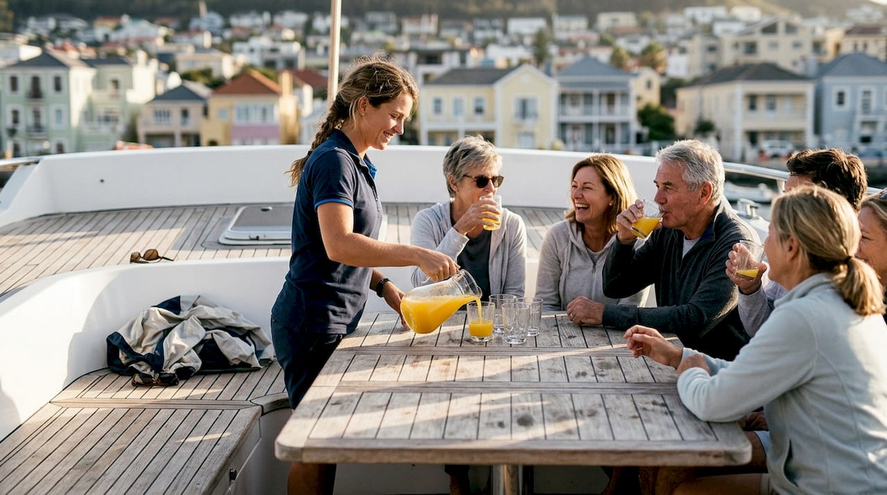 Crew serving drinks to guests on Lisbon yacht