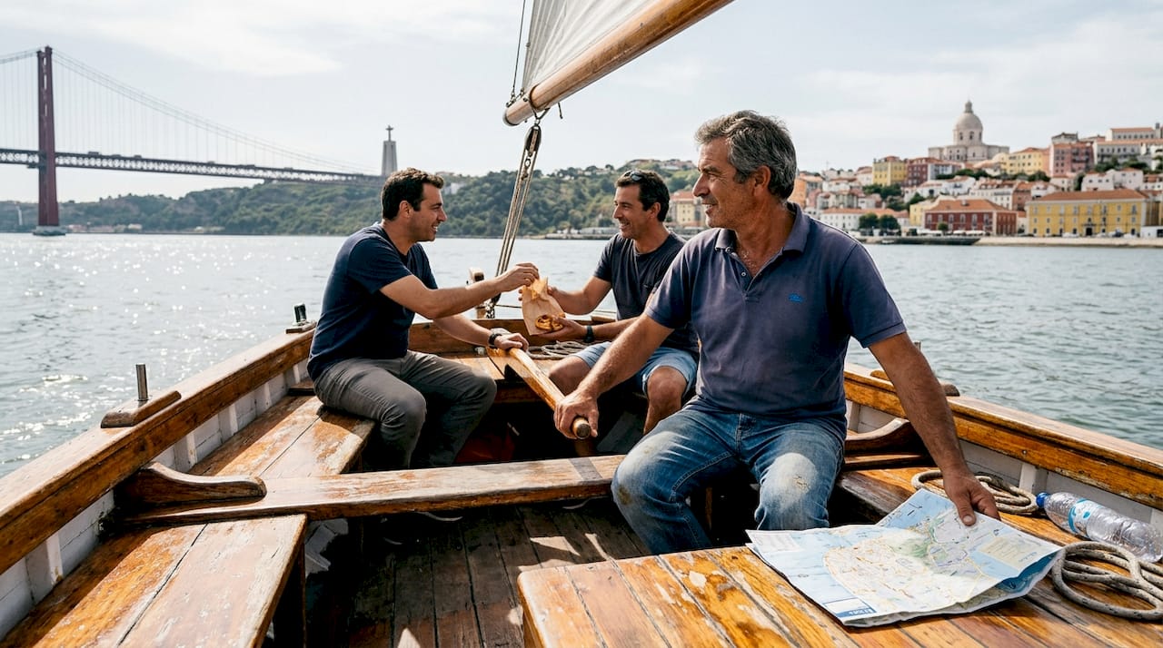 Lisbon boat captain steering sailboat on Tagus