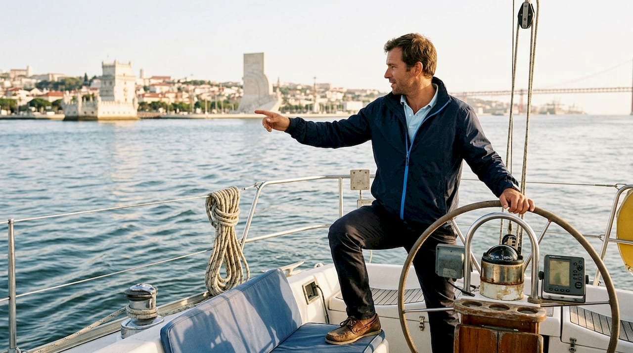 Sailing guide steering boat on Lisbon river