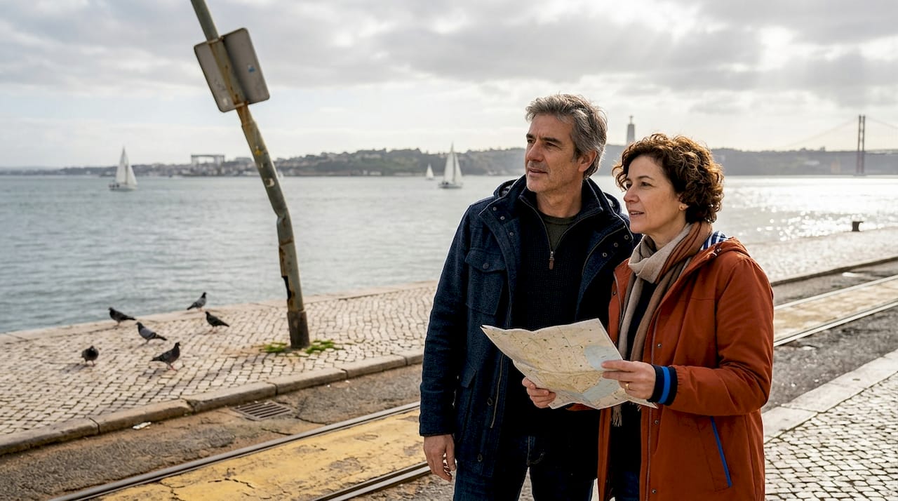Couple watching sailboats along Lisbon riverside