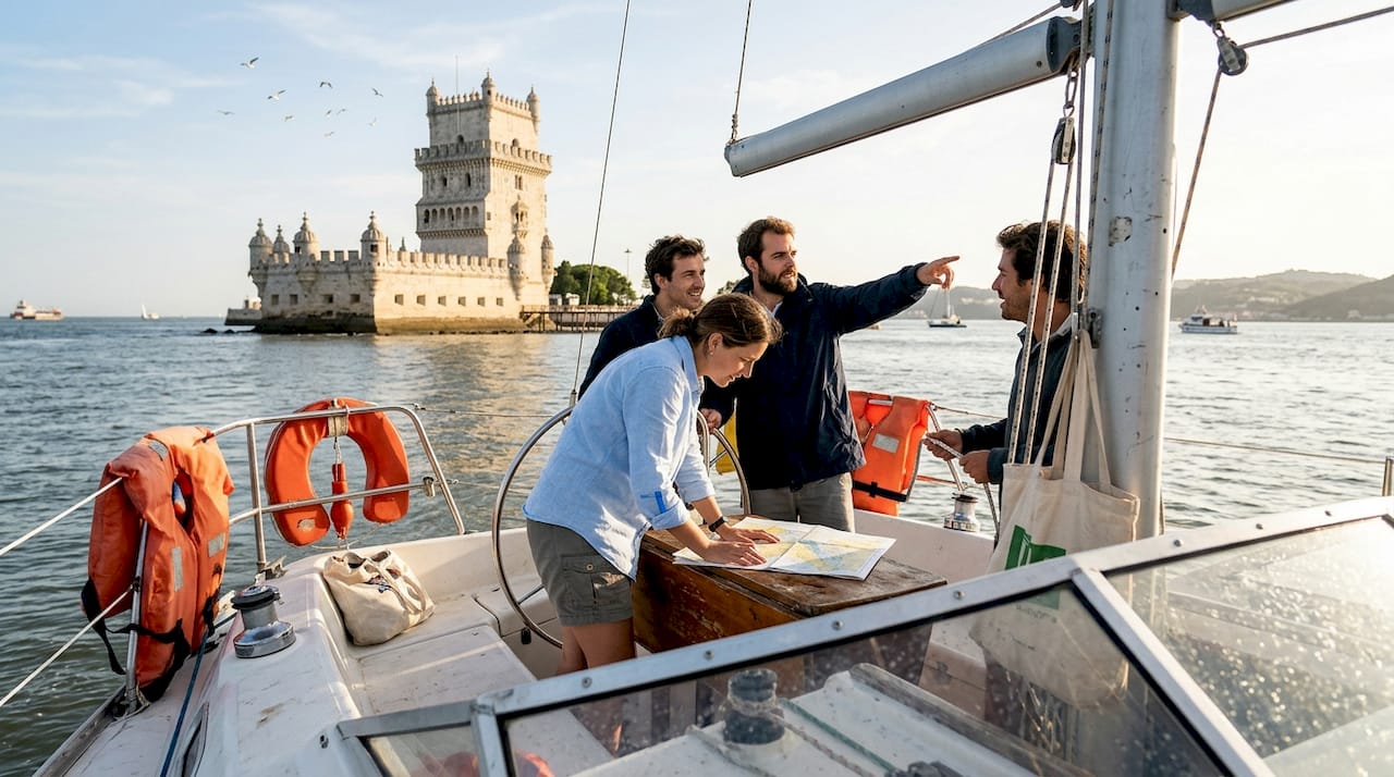 Sailboat group passing Belém Tower