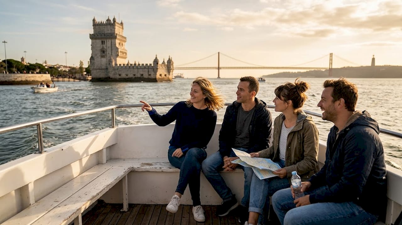 Travelers relaxing on Lisbon boat at sunset