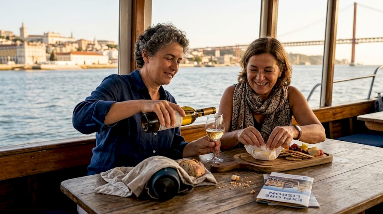 Friends enjoy wine and music on Lisbon boat