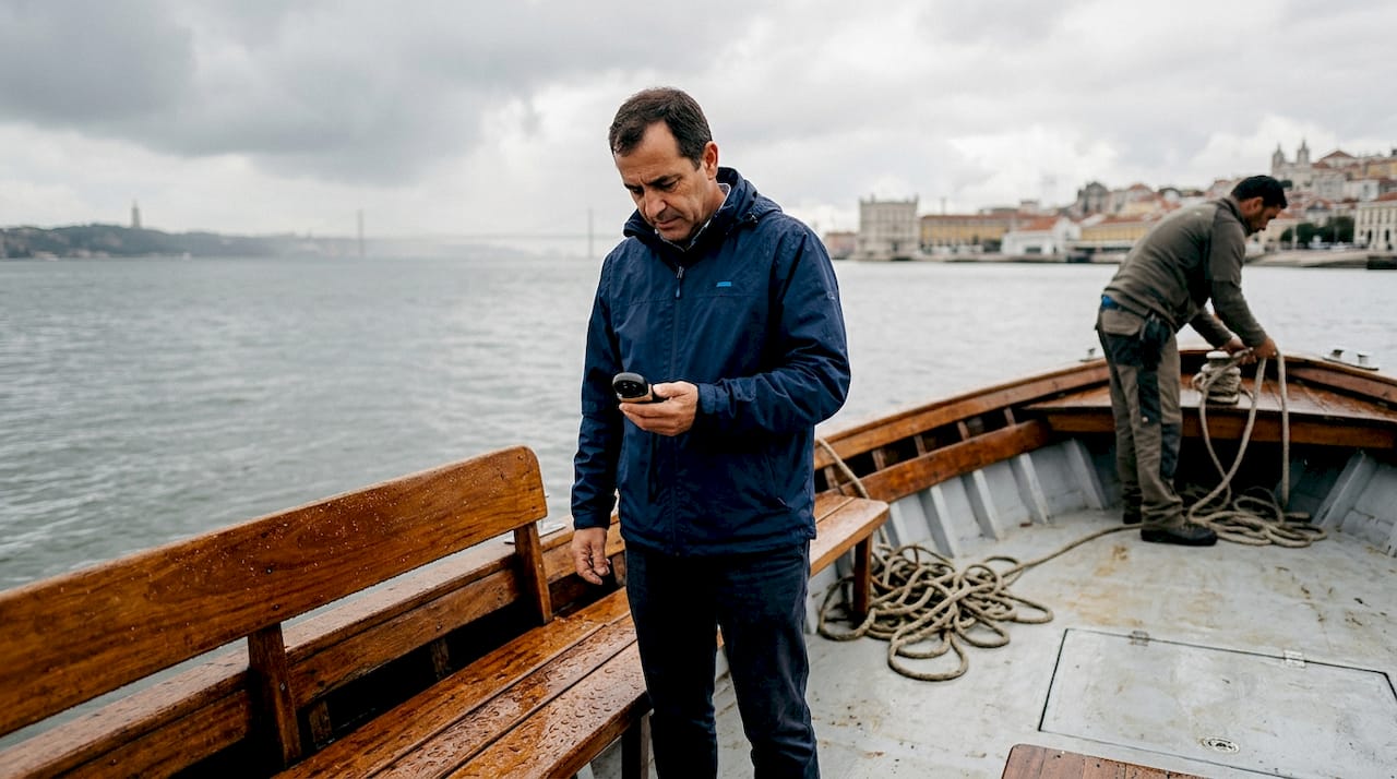 Tour guide checking weather on river boat