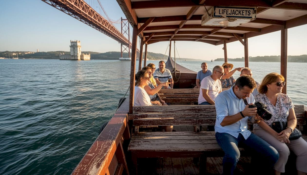 Tourists on traditional boat viewing Lisbon