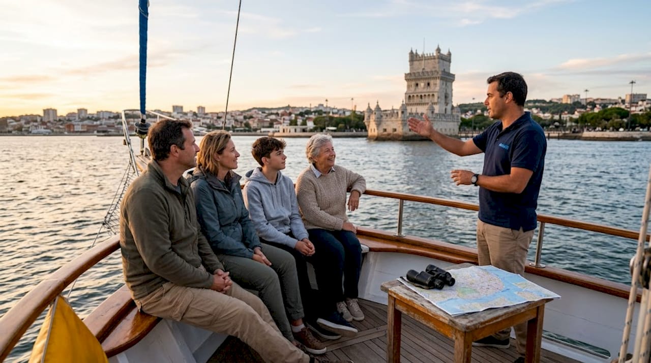 Small group touring Lisbon coastline by sailboat