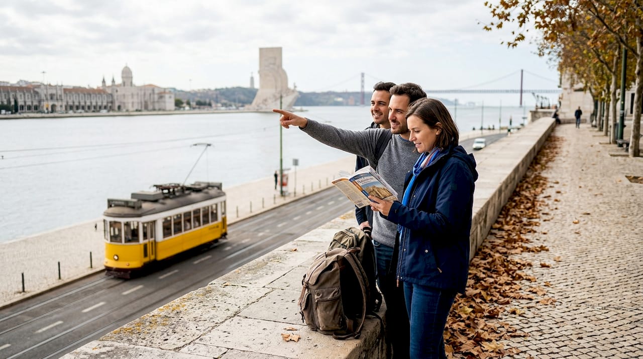 Tourists exploring Lisbon monuments on coastline