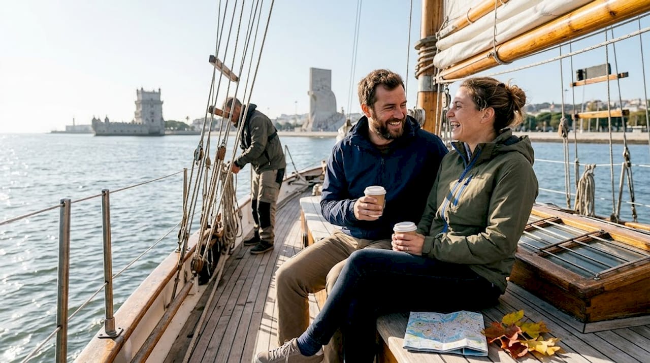 Couple sailing Lisbon Tagus near Belém Tower