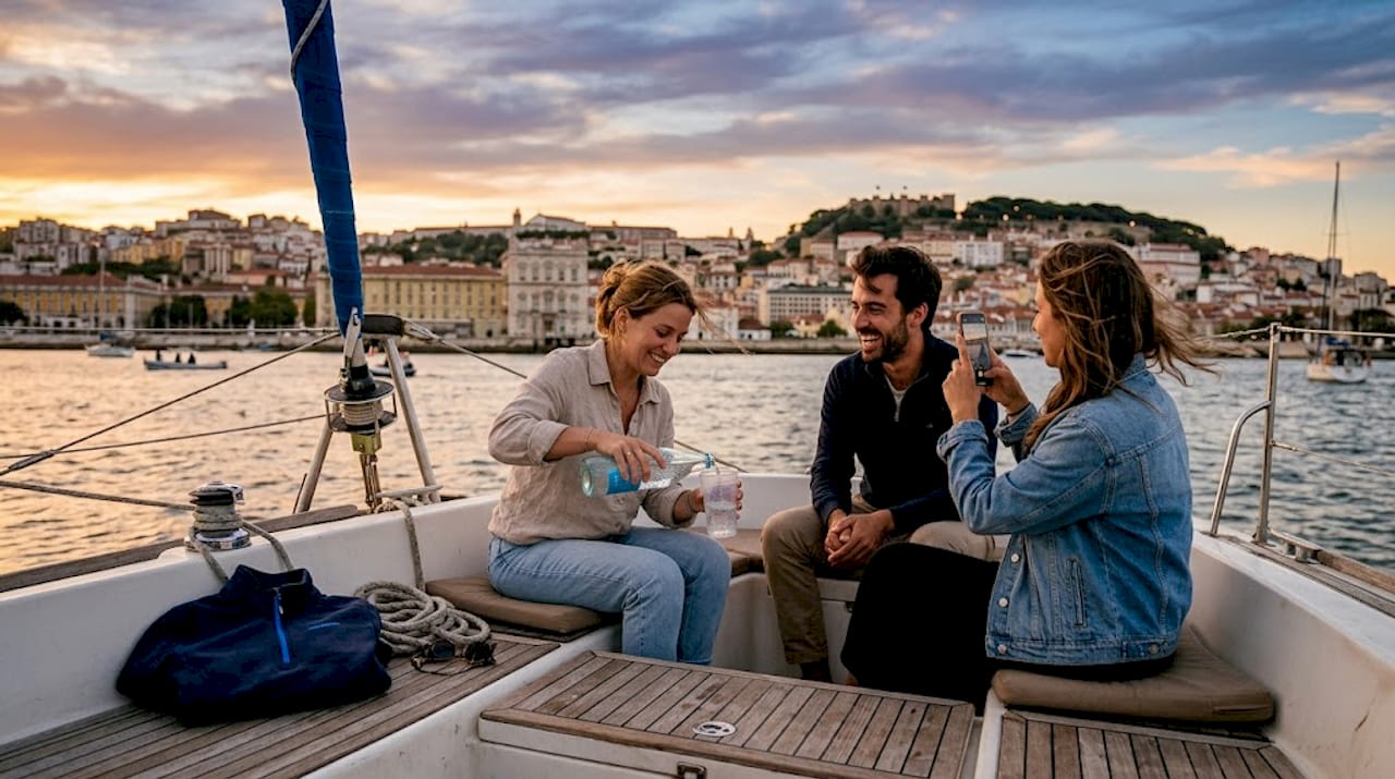Friends on catamaran at Lisbon sunset