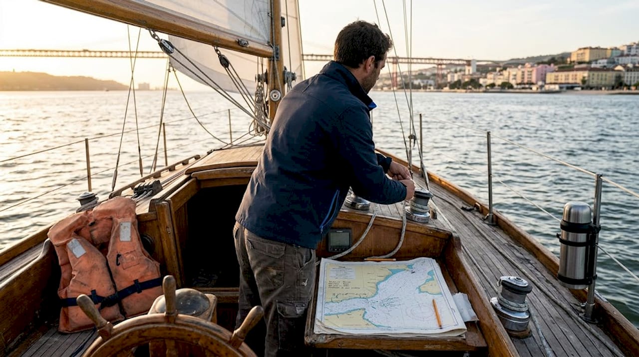 Lisbon skipper adjusts sail on vintage boat
