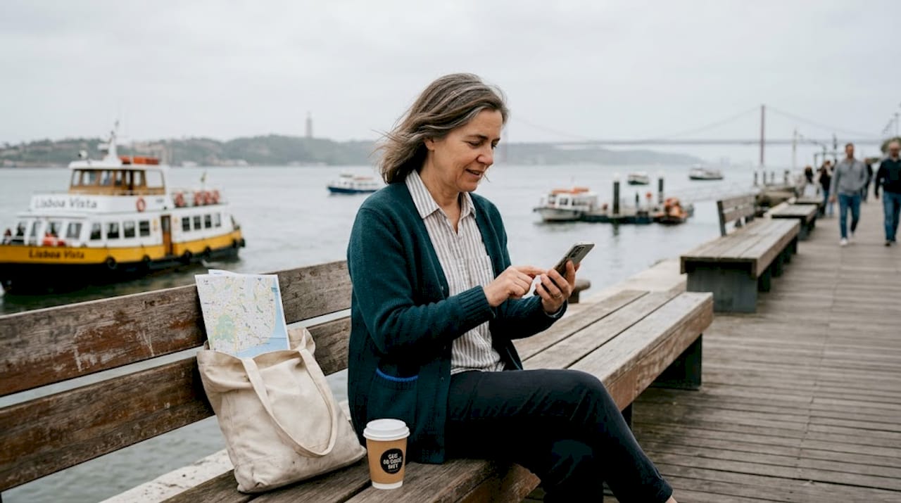 Woman booking Lisbon boat tour at river pier