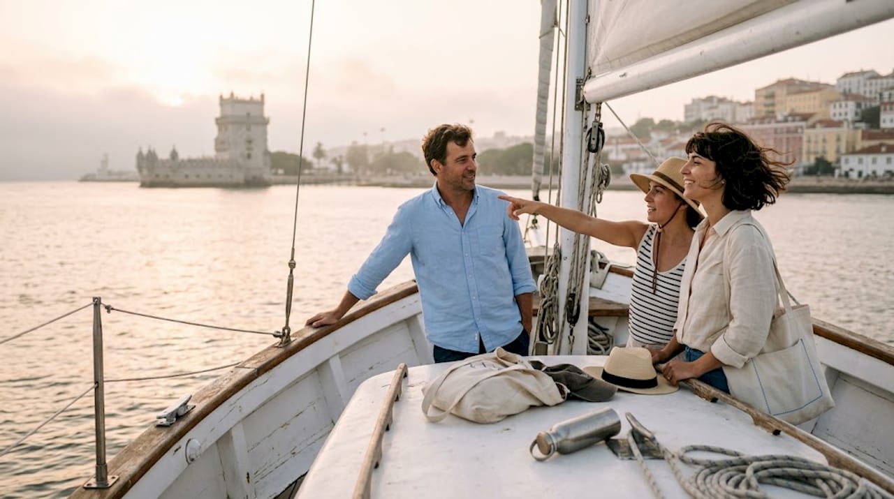 Small group sailing past Lisbon’s riverside landmarks