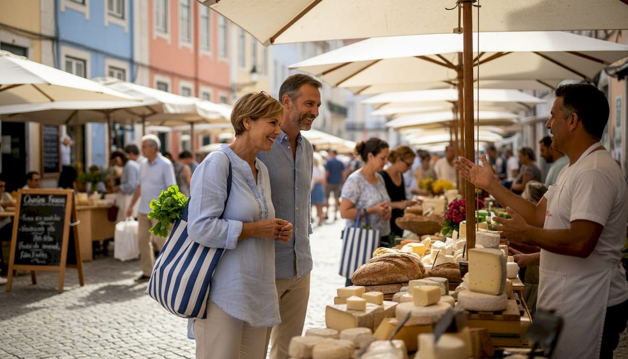 Couple shopping at Lisbon outdoor food market