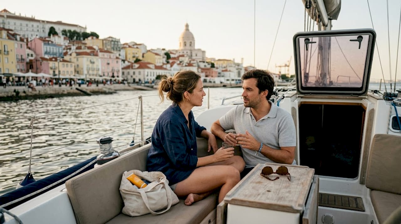 Couple relaxing on private sailboat Lisbon