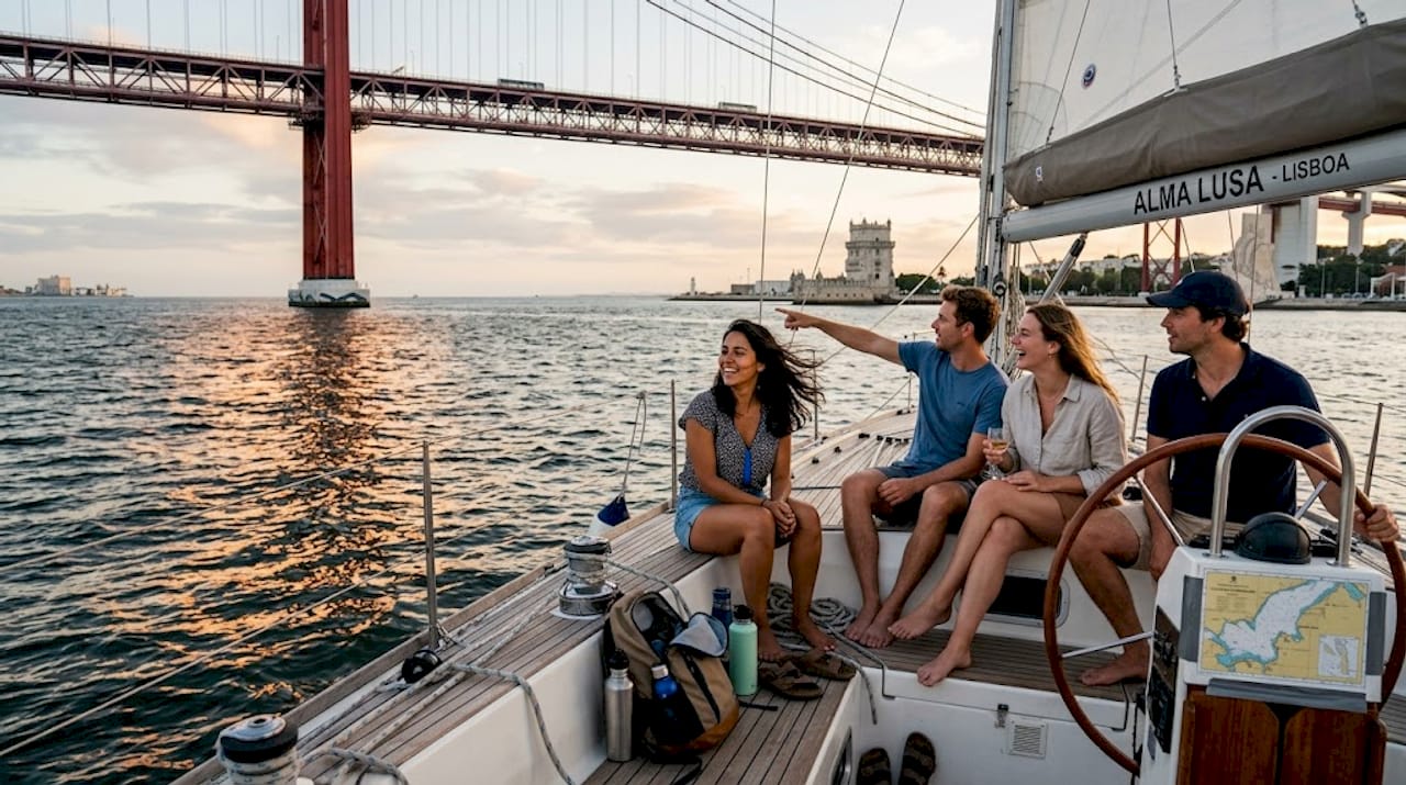 Friends sailing Tagus River Lisbon summer