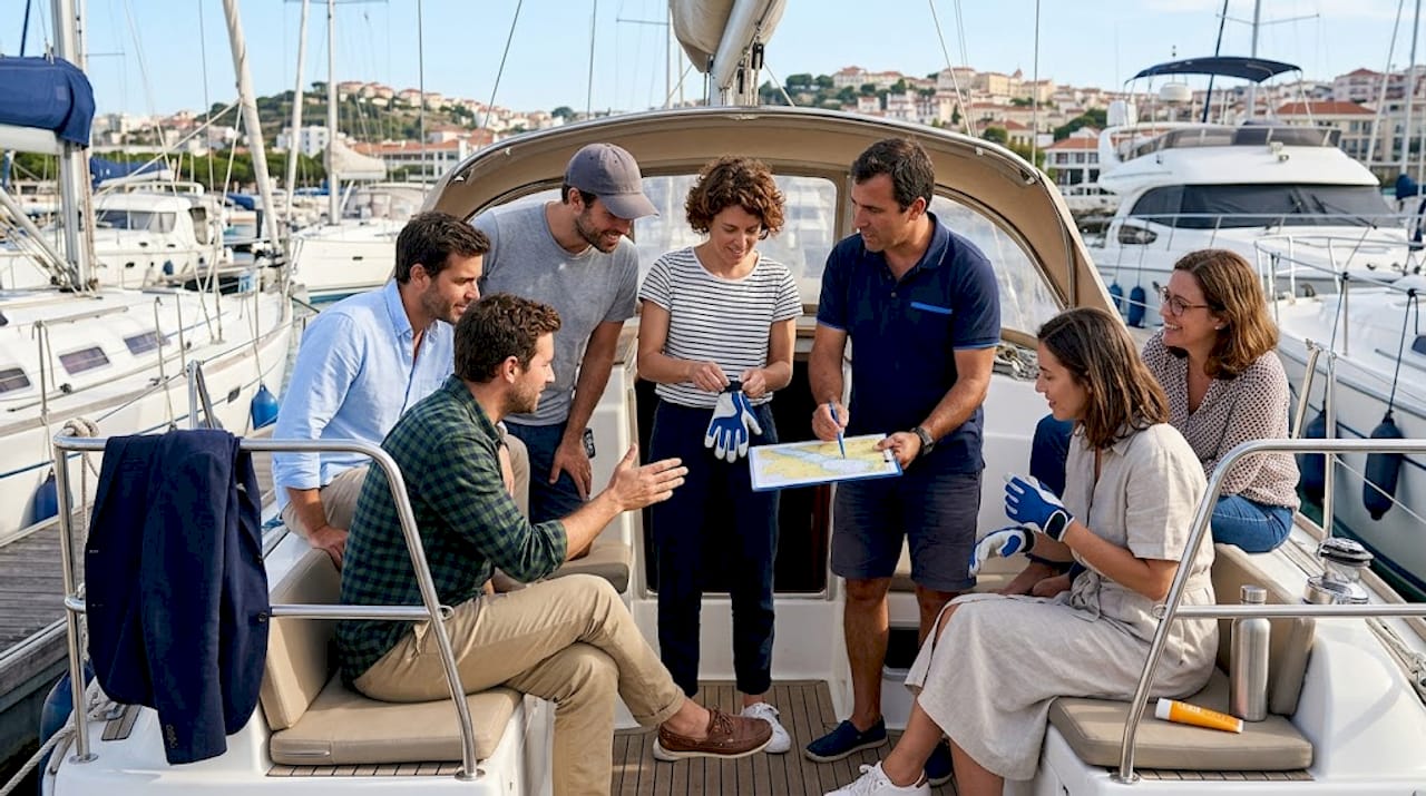 Corporate team preparing for yacht regatta