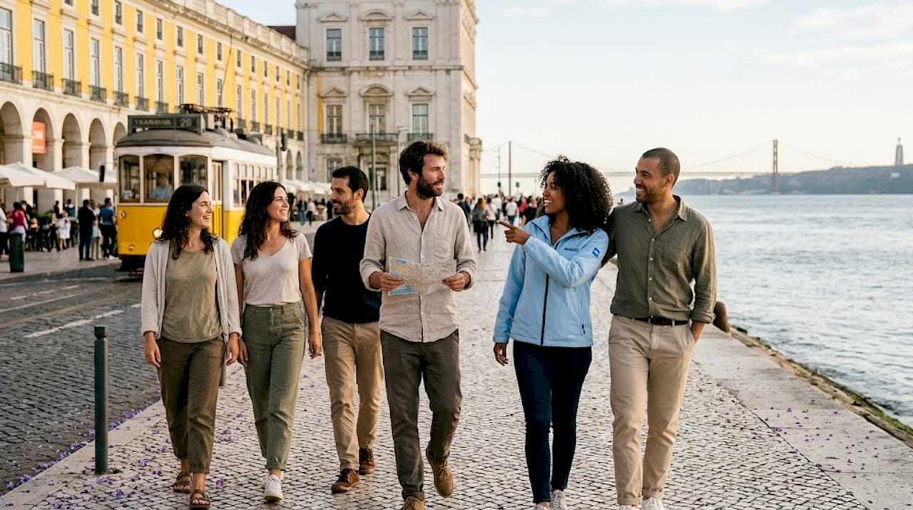 Friends exploring Lisbon riverside promenade