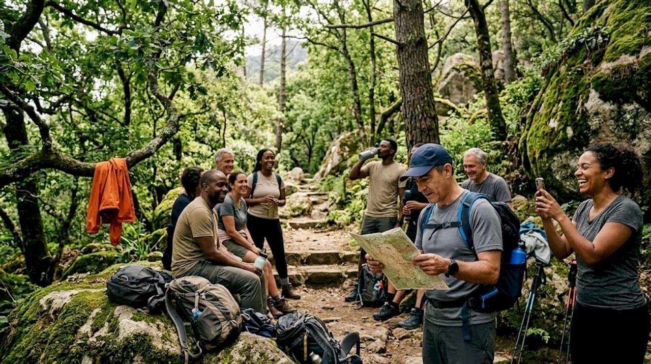 Hiking group taking break in Sintra park
