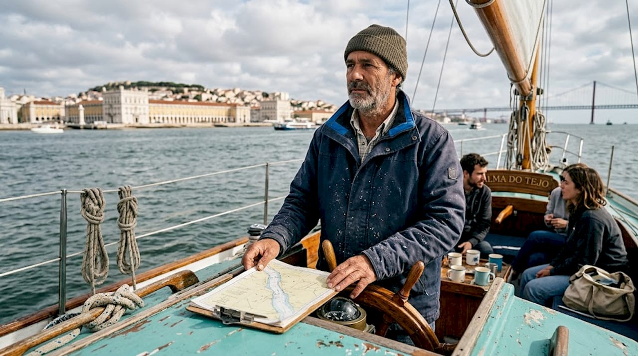 Boat captain steering historic Lisbon vessel