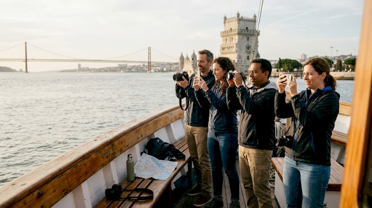 Travelers on boat approaching Belém Tower