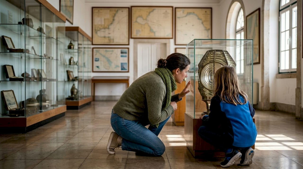 Visitors explore lighthouse museum exhibit