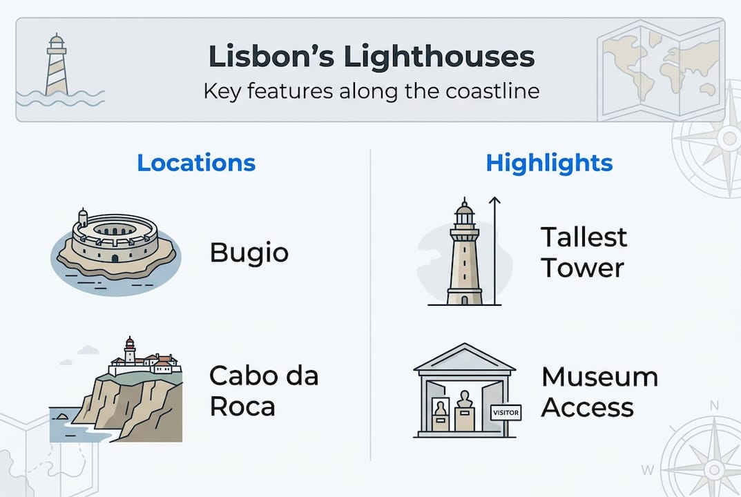 Infographic showing Lisbon lighthouse map and facts