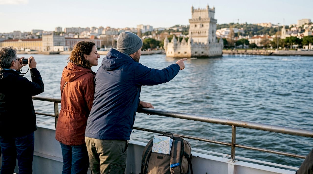 Couple admiring Lisbon from river cruise deck