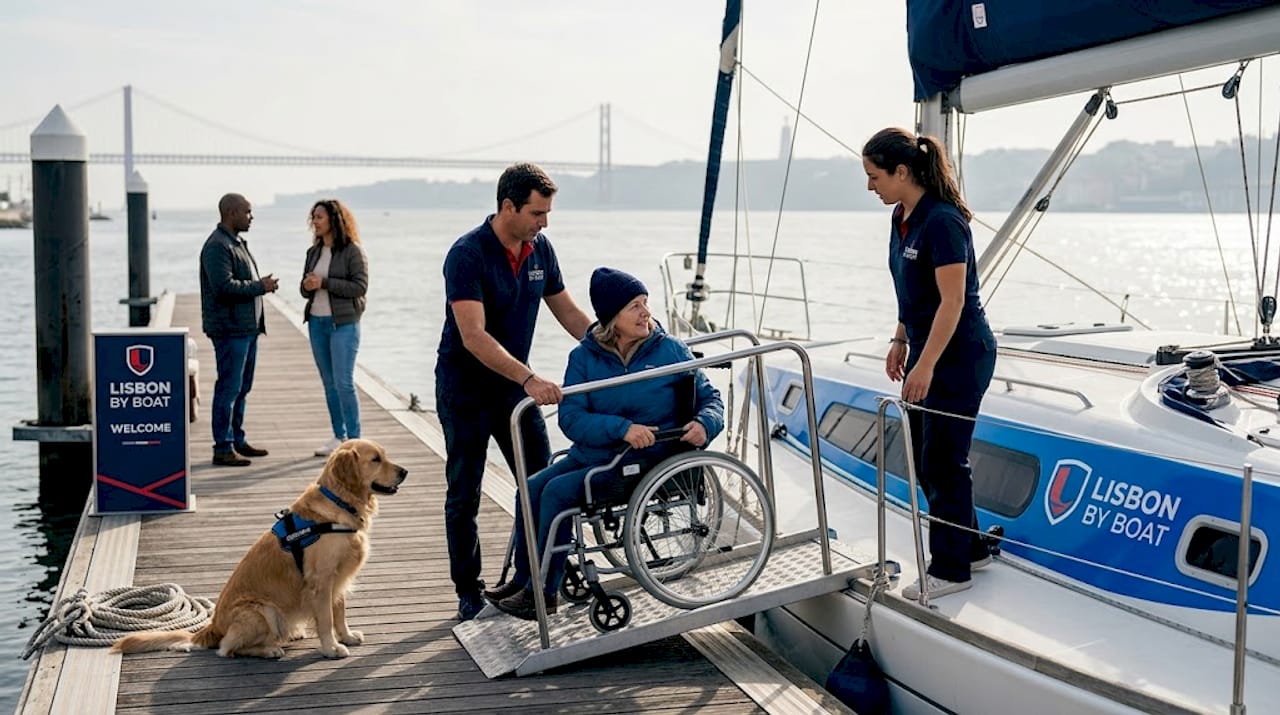 Wheelchair user boarding accessible sailboat in Lisbon