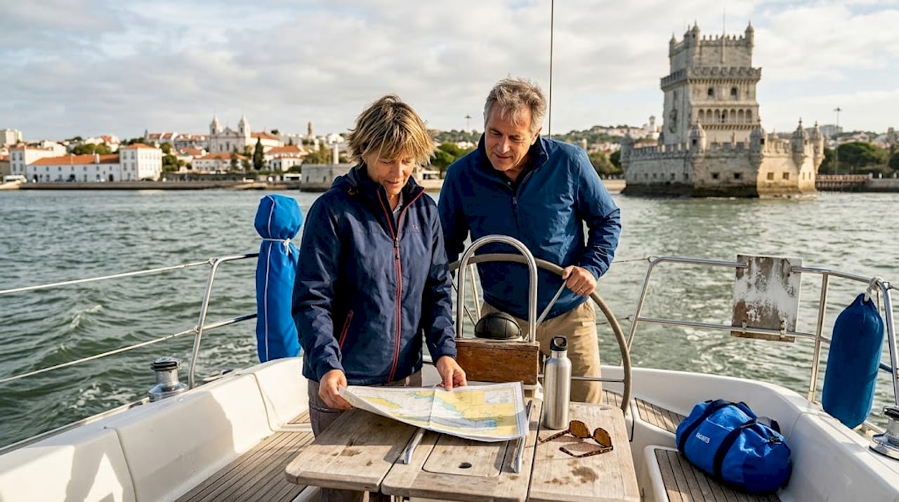 Couple navigates sailing tour near Lisbon landmark