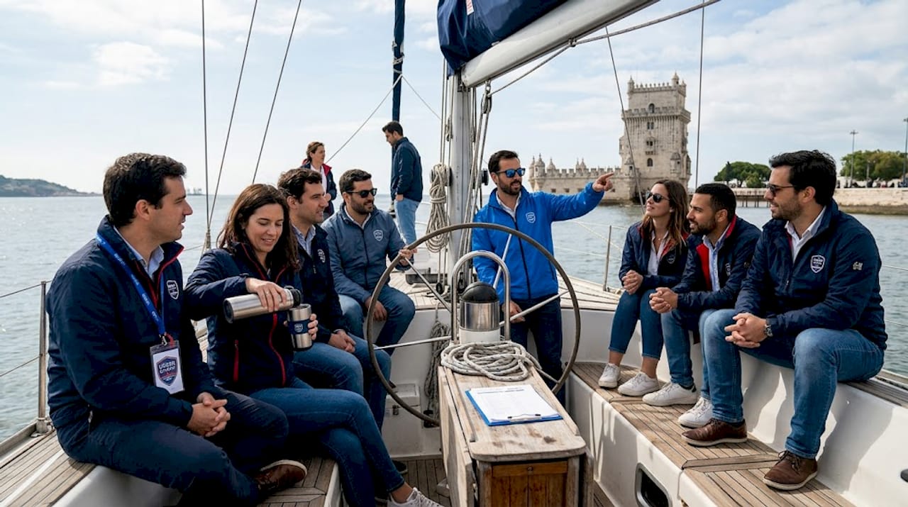 Team collaborating on sailboat in Lisbon harbor