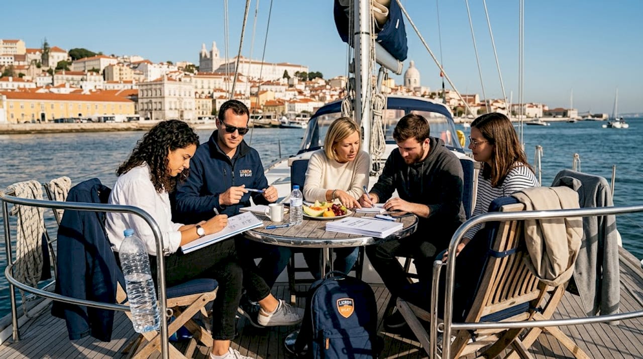Colleagues brainstorming on yacht near Lisbon