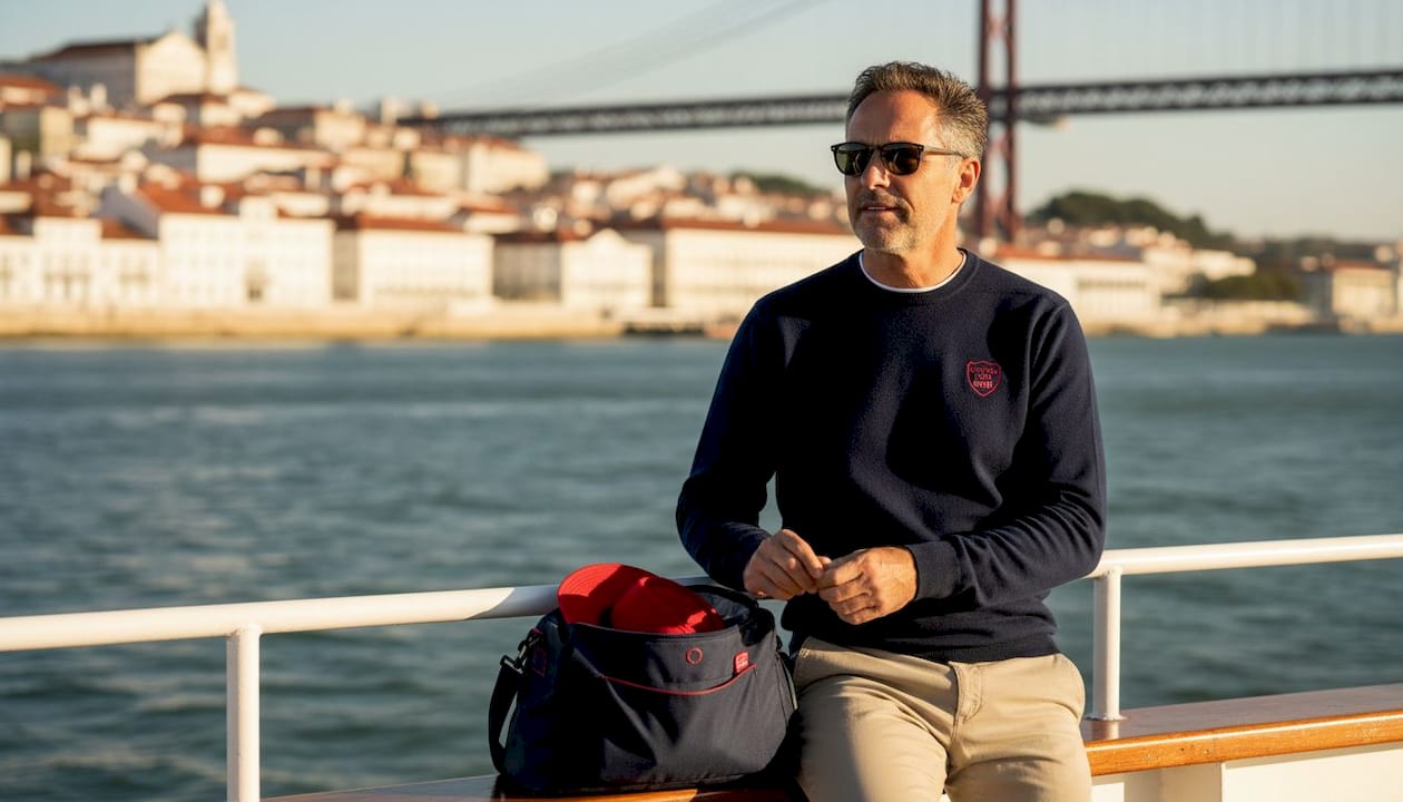 Man adjusts merino pullover on boat deck