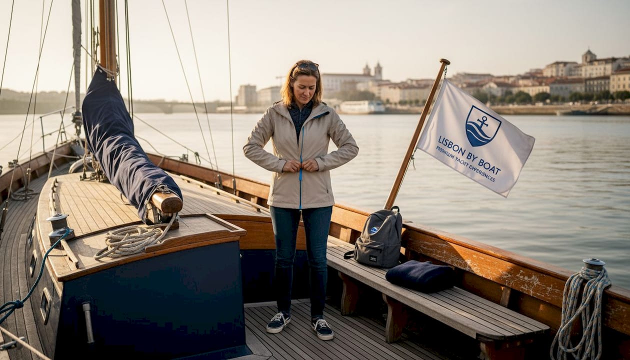 Woman prepares windbreaker on Lisbon boat tour